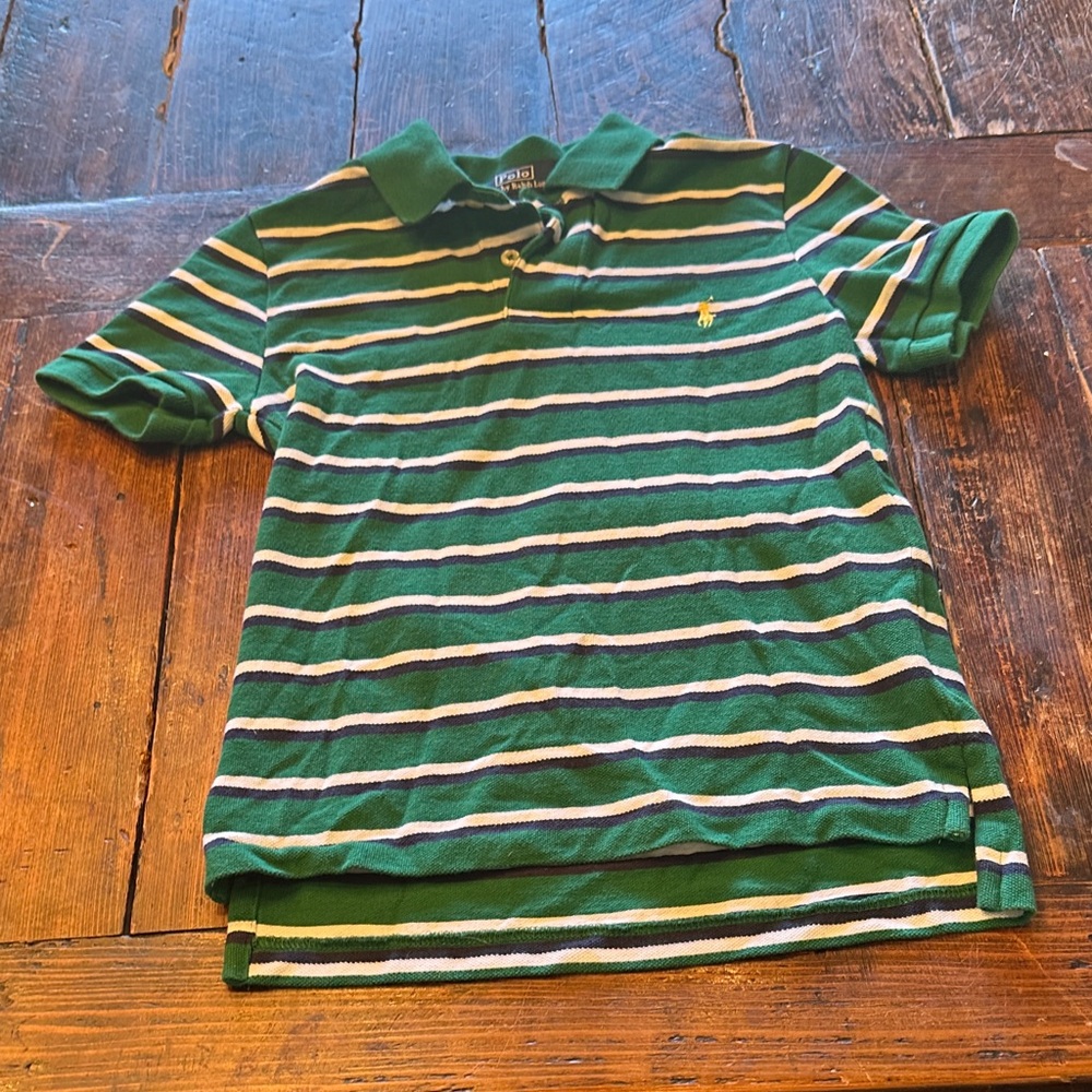 Ralph Lauren Green and White  Striped Kids Polo Shirt. Size S(8).